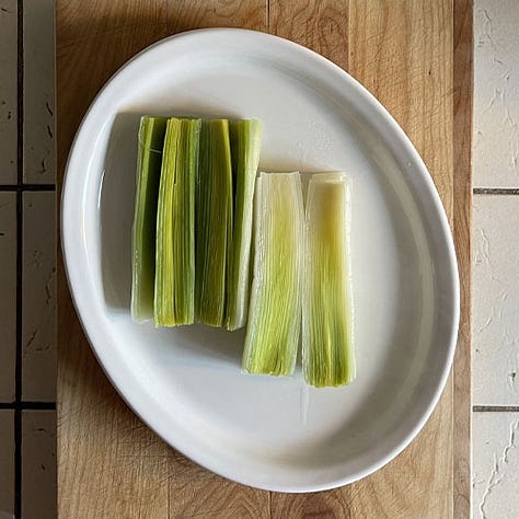 Poached sliced leek with dressing