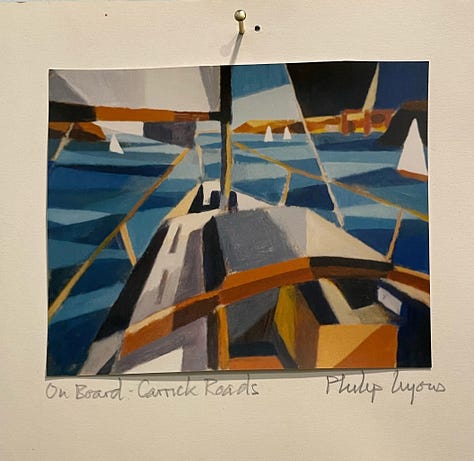 Photographs of geometric blue and earth-tone-coloured paintings of seaside scenes