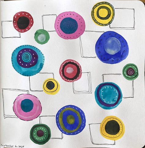 A watercolor sea turtle, abstract circles in various colors, and a scene of a river done in marker with only vertical and horizontal lines