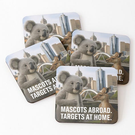 Product images showcasing the picture of two of Australia's iconic animals, the koala and kangaroo captioned 'Mascots Abroad. Targets at Home.'