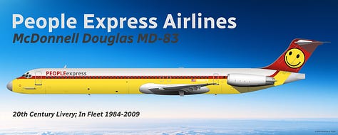 Former People Express Airlines aircraft: 1) Douglas DC-9, 2) McDonnell Douglas MD-82/-83/88, 3) Boeing 717-200.