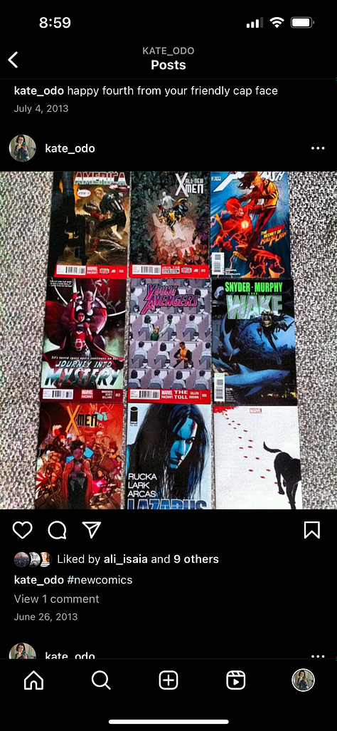 Three Instagram screengrabs from 2013. Each screengrab is of a highly-filtered Instagram post featuring an assortment of comic books.