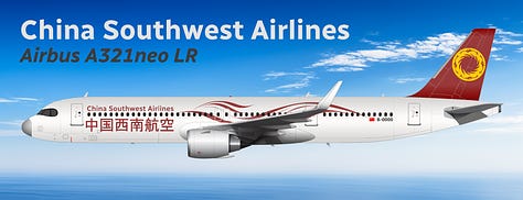 The current China Southwest Airlines fleet: 1) Comac C919, 2) Airbus A321LR, 3) Airbus A320neo, 4) Airbus A320-200, 5) Aria T102 Transonic, 6) Airbus A319-100.