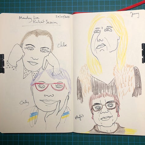 Photos des doubles-pages de mon sketchbook où j’ai dessiné 14 portraits au feutre noir et crayons de couleurs.