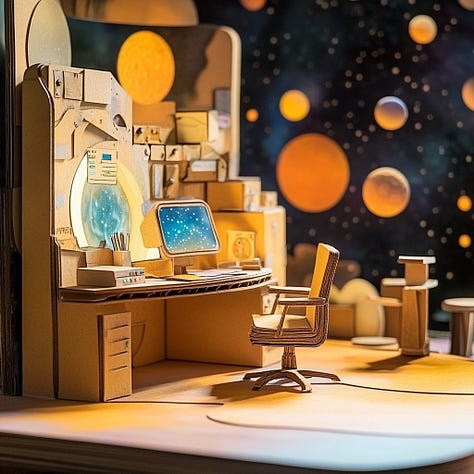 miniature diorama cardboard office workspace with ai collaboration in cosmic and psychedelic landscape