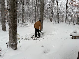 A group of nine images that showcase a snowcovered car, a man cleaning off the snow covered car, and other picture sof a snowy season