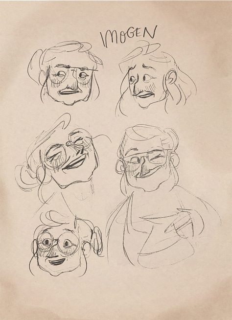 Sketches of the characters June and Imogen, showing various facial expressions, along with handwritten notes about things like which glasses shape to use, and which sketches worked better.