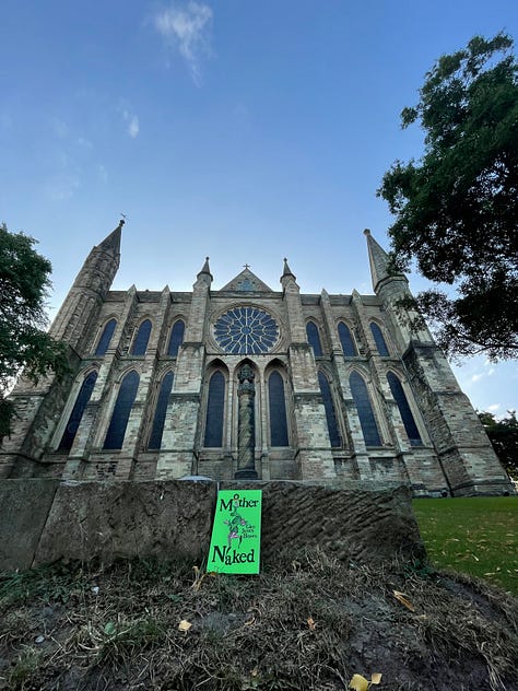 Six photos featuring the bright green paperback of Mother Naked in front of Durham Cathedral.