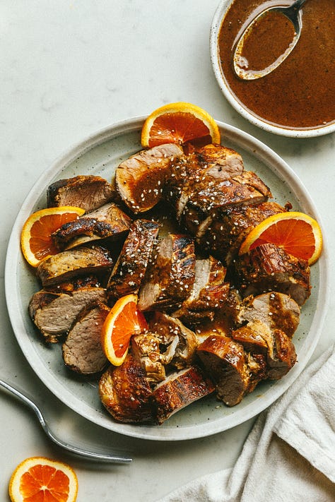 Hibiscus lemonade, citrus soy miso pork tenderloin, roasted carrots and asparagus, shawarma-seasoned lamb chops, BLT deviled eggs, and Bundt pound cake.