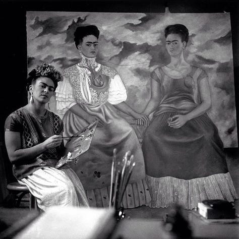 Three images of black-haired Frida Kahlo in black-and-white and color photos. Kahlo on the left in the black-and-white photo  shows her  painting. Kahlo in the middle color photo wears a purple ribbon threaded in her hair gold jewelry, and a dark pink cape. Kahlo in the right black-and-white photo leans back and wears a scarf and has a ribbon threaded in her hair.