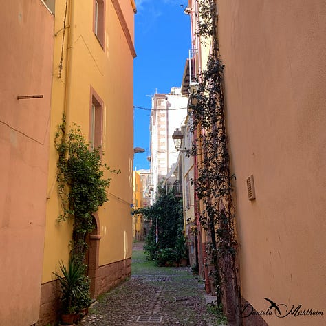 Three narrow streets in Bosa with plants decorating the entrances and streets