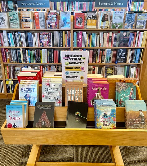 Books on display in Gibson's Bookstore. Authors will appear at the NH Book Festival.