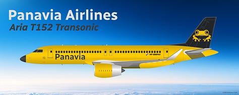 The current Panavia Airlines fleet: 1) Aria T42 Transonic, 2) Aria T102 Transonic, 3) Aria T152 Transonic, 4) Aria T202 Transonic, 5) Boeing 737-700, 6) Boeing 737-800, and 7) Boeing 737 MAX 8 - all shown in side view.