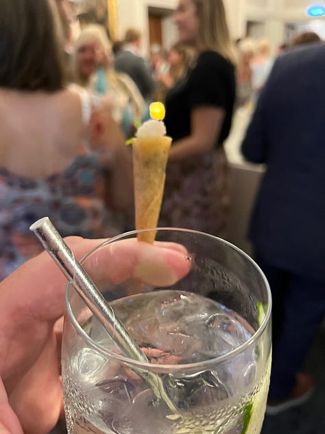 People at an awards ceremony including TV chef Mary Berry, and a picture of the audience. Also a glass of gin and tonice and a man waving in the street waiting to enter the awards.