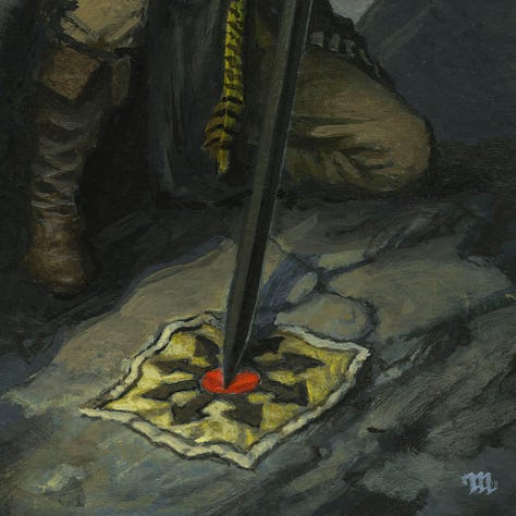 LEFT: Brush marks on palette that served as the initial prompt for CHAOS ABIDES. CENTER: Detail from CHAOS ABIDES featuring Elric on one knee resting an arm on the stone next to him. His white hair is long and straight. He holds Stormbringer by the grip pointed down. His jacket is black with gold trim. The end of a striped belt dangles loosely. His leather boots ride nearly to knee height of his tan trousers. RIGHT: Detail from CHAOS ABIDES featuring the tip of Stormbringer planted in the red circle at the heart of the symbol of chaos. On yellow cloth, eight black arrows radiate in all directions.