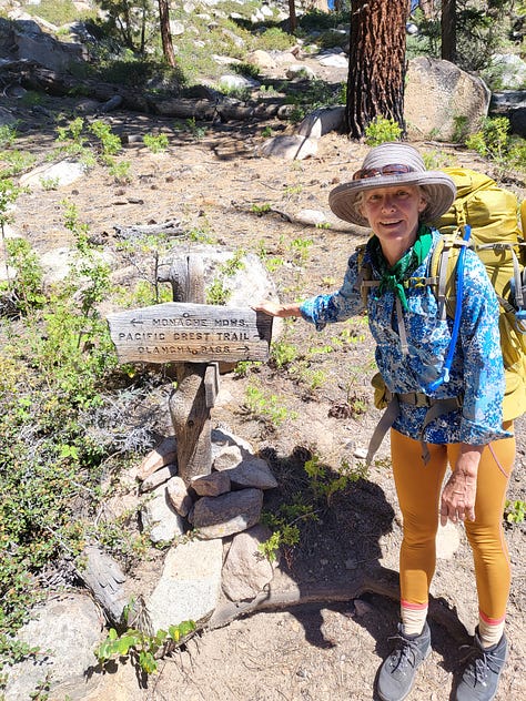 images of the granite and greenery of the majestic southern Sierra Nevada: Melanie and John at a bridge, PCT sign posts, mid-day nap,storm clouds coming, and atop Mt. Whitney at 14,505 feet