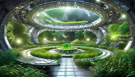 Futuristic space station garden with zero gravity, spherical shapes, bright artificial lighting