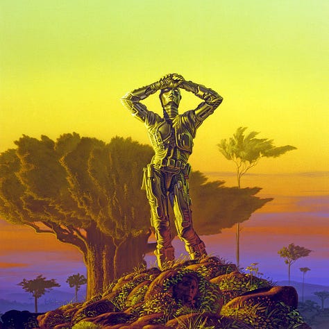 LEFT: Detail from GISKARD featuring a robot with hip cocked and hands clasped over its forehead as if shielding its eyes. Behind it a massive alien tree echoes the outward flare of its elbows. The trunk is massive. Smaller trees on narrow trunks climb high with the leaf cover shifted right possibly from the wind. The hills in the background are rendered in waves of purple. To the left of the tree are signs of buildings on the ridge line in the distance set off by points of light that represent windows. CENTER: Detail from GISKARD featuring the robot in a human pose with hip slightly cocked left and hands clasped over its forehead, simultaneously evoking a burden of thought and shielding its eyes from the light of the sun. The robot is made of a combination of mechanics and silver leathery fabric. It isn't all plates of steel. RIGHT: Close detail from GISKARD featuring the face of Elijah Bailey in the mound of dirt at the robots feet. He's an older man looking ponderous as he rubs his chin. Leaves frame the earthy image. To the lower left berries grow.