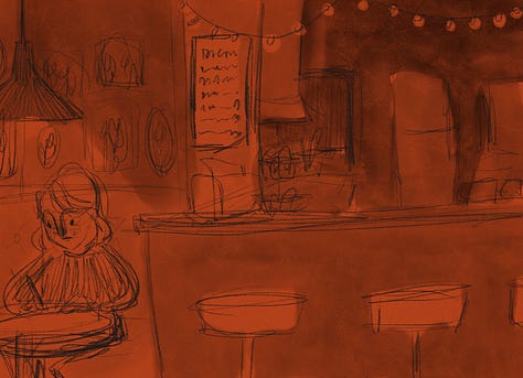 Sketches of the inside of the diner from a few angles, and the front of June and Imogen's house