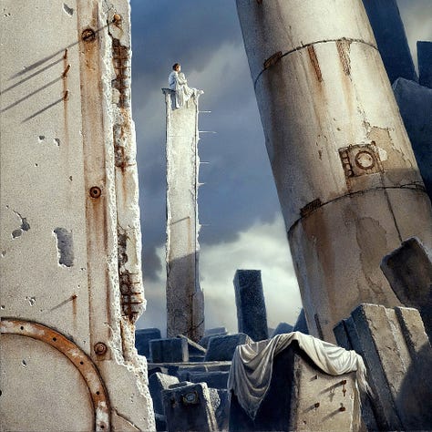 LEFT: Detail from EMPIRE OF DREAMS featuring a view through the slanting wreckage of concrete towers. On top of a broken column, a woman seated at the top of a broken concrete column hugs her knees as she faces the sun. CENTER: A closer detail from EMPIRE OF DREAMS featuring a woman hugging her knees at the top of a broken concrete column. Rusted rebar protrudes from the facade behind her casting long shadows on the stone. RIGHT: Close detail from EMPIRE OF DREAMS featuring a key hanging looped over a short stub of rusted rebar. The block of concrete is partially covered with a sheet of white cloth.