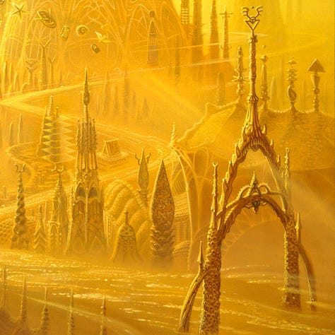 LEFT: Detail from CITY OF GOLDEN SHADOWS featuring the central dome rendered in gold. Atop is a large jeweled window in teardrop shape. A shimmering cascade snakes around it through a variety of spires and out an ornate gate of intersecting arches. CENTER: Close detail from CITY OF GOLDEN SHADOWS featuring the gate in the lower right foreground. The gate is formed by the intersection of two parabolas, one wider and shorter than the other. It has an ornate spire rising from the top decorated at the top with a winged circle perched on a triangle. A shimmering trail snakes through and around the points of towers erected in a variety of styles. RIGHT: Close detail from CITY OF GOLDEN SHADOWS featuring a nonsensical stream of symbols including a a dove, padlock, ammonite, hourglass, rowboat starfish, tobacco pipe, trilobite, hand mirror, swimming woman, fish, pocket watch, scissors, school bus, and wavy ladder.