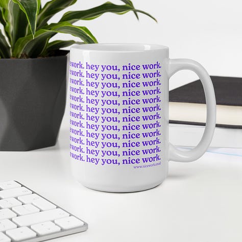 a collection of sweatshirts and mugs that say "nice work."