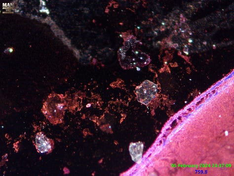 Dye'd material from swab and buffer solution on CoV RAT test using Dark Field.