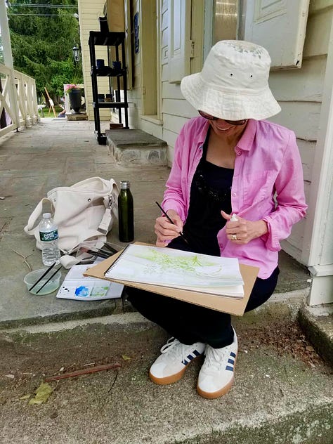 Three photos of artists sketching in a rural setting outdoors. Two areas working on a lapboard, and one is using an upright easel.