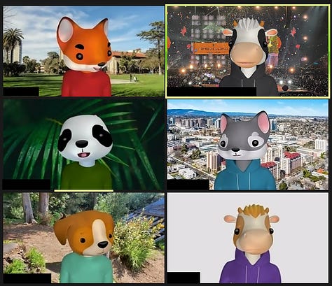 Images of Zoom meetings where attendees are avatar animals