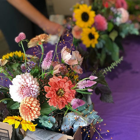 Images portray floral arrangements featuring dahlias, sunflowers, zinnias, and other blooms and foliage capturing the autumn season.