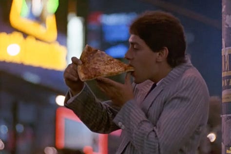 Adults eating slices of pizza across New York City in the opening credits of Teenage Mutant Ninja Turtles II: The Secret of the Ooze  | Film Flavor: A Newsletter Surveying Food in Film