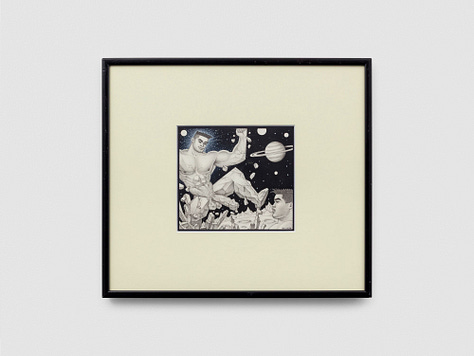 1) 3 works are seen hanging on a white wall. Each ones shows a different act of intimacy between two men. 2) A shirtless man is seen with another hand reaching out to pinch one of his nipples. There are ink blotches and black stars on him. There is some black text with a yellow background that says Act Now in the bottom right corner. 3) A piece showing two men kissing is seen. There are ink splotches all around them, on some on their chest and neck. They are French kissing, and there is the number 1 in the top left corner, with the number 2 on the first man's neck. The piece is in black and white. 4) A naked man is laying down, with another man sucking his dick. He is making a face of pleasure, and there is a circled 1 in the middle of his chest. There are wings around him as well, and a circled 2 on his arm. 5) A rectangular black frame with a black matte has an art piece in the middle. There are two men, who appear like statues standing amongst light blue thorny vines on a dark red background. There are a few color splotches on their faces and in their hair. 6) A square black frame holds a light yellow matte, with the artwork in the center. The art features a giant muscular rock-man, who has chiseled legs and a chiseled penis. There is another man's face in the bottom right corner, looking worried. There is a planet in the background, and some pieces of the planet moving around in the background.