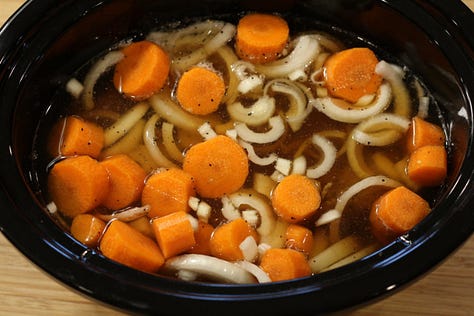 Nine photos in sequence from preparing the brine to cooking corned beef brisket with carrots, onions, and cabbage, to cutting and serving family style.