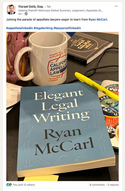 More social media posts and notes about Ryan McCarl's Elegant Legal Writing