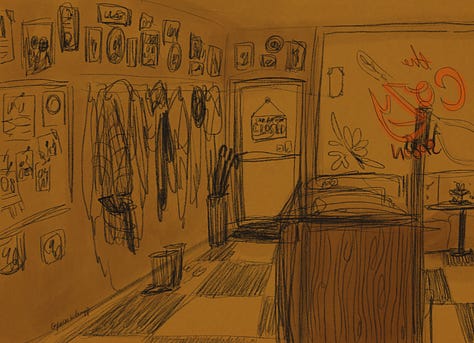 Sketches of the inside of the diner from a few angles, and the front of June and Imogen's house