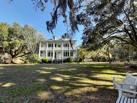 Three photos showing the outside of Hopsewee Plantation, a two story white house with a balcony running the length of the second floor. One of the pictures is taken from the porch and shows trees and the North Santee River.
