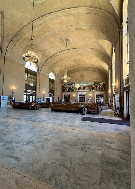 Photo of the train station lobby, view out the train window of the beautiful landscape, and our small bunk