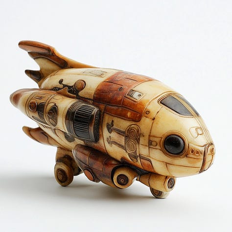 Gnome, palm tree, spaceship netsuke in Midjourney