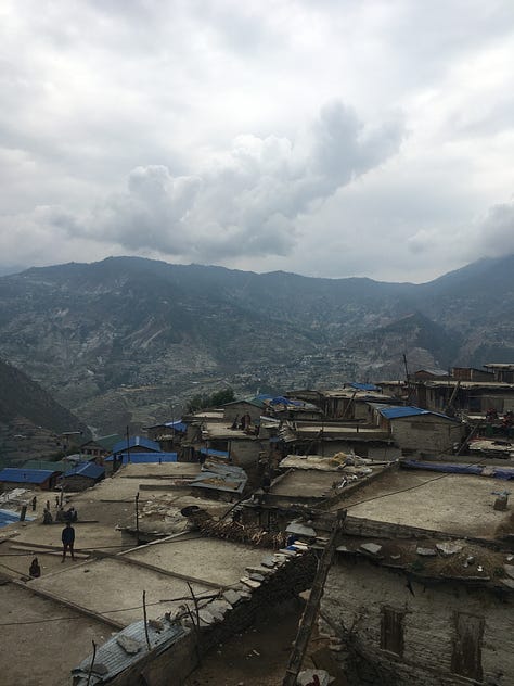 various cities, buildings, hills, lakes with boats, wild rivers, a stupa, the countryside, and the "view" of the Annapurna mountain range