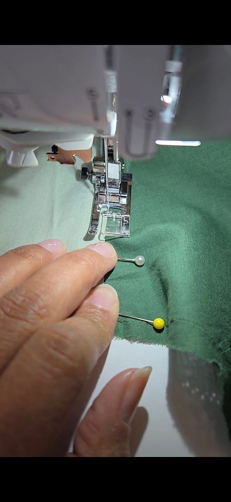 A grid of 6 images showing the deconstruction and reconstruction process: 1) scissors and a seam ripper on top of shirt pieces, 2) a panel of a shirt front in light green, 3) fabric pieces being pinned together, 4) fabric underneath the sewing machine foot, 5) a ball of dark green and light green threads, and 6) Ayana ripping seams at a worktable.