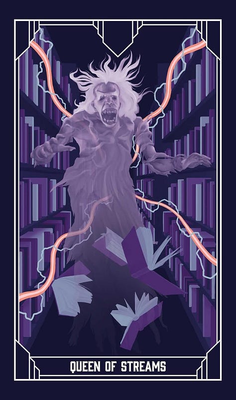 The Library Ghost being blasted by proton streams in the Queen of Streams Tarot Card. The Stay Puft Marshmallow Man flanked by the terror dogs in the Devil Tarot card. Peter Venkman stepping off a stone fixture while holding a bottle of alcohol in The Fool Tarot Card.