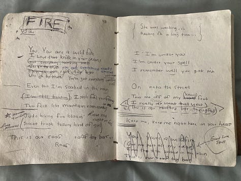 Freddy Matthews songwriter notebook. Original song "Fire" lyrics in development. The songwriter's notebook.