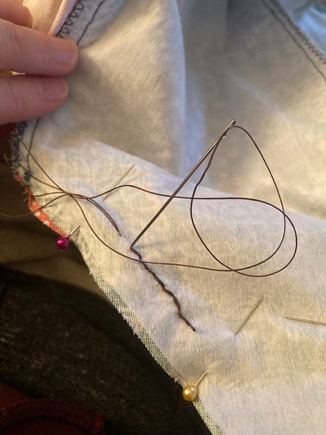 a series of six photos showing the progress of the 30 inch ottoman pouf including a shot of the thread wrapped around the bobbin holder of the sewing machine