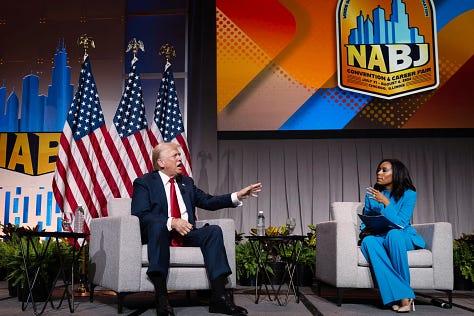 Left: Donald Trump during a Q&A session at the National Association of Black Journalists' yearly convention in Chicago, Illinois, on July 31, 2024. Photo: Scott Olson/Getty Images. Center: Crowd size graphic, Detroit News. Photo: Carolos Osario/AP. Right: Elon Musk with President Donald Trump in Cape Canaveral, Fla., in 2020. Photo: Alex Brandon/AP.