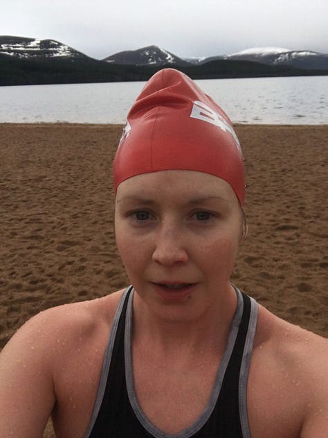 Images: 1. another beach to enter Loch Morlich from, with snowy-peaks closer in view; 2. after a two-minute dip in Loch Morlich; 3. clouds rush over the snow-capped Cairn Gorm hills where I believed I was heading in two days time.