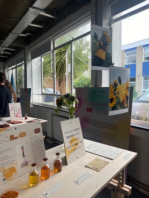 1-2. Exhibition table showing artefects of sunflower petals and oils; 3. Dyed garment using sunflower petals worn on a black male model in a garden surrounded by sunflowers [Credit: Jess Redgrave].