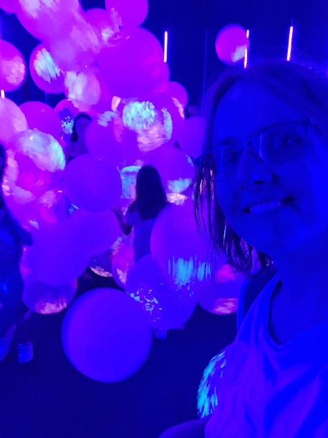 Three images from the balloon museum featuring dancing balloons and the giant ball pit.