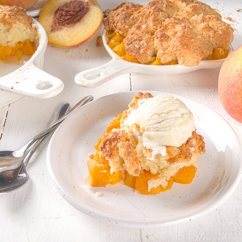A carousel of images: 1. Health properties of peaches 2. peach cobbler and 3. peaches on a spoon