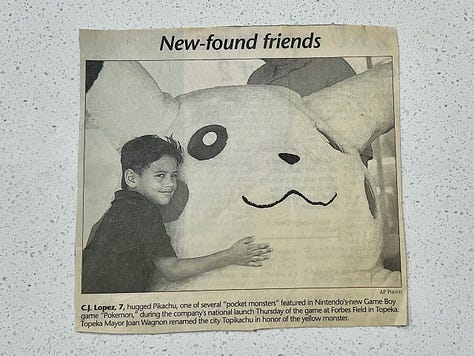 A selection of photographs from Alyssa Buecker, featuring a newspaper cut-out, Skydivers, and the Sneak Peek of Pokémon VHS