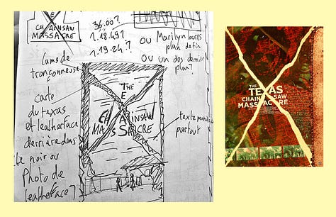 visual references of Gokaiju's sketchbooking process next to the finished pieces. Small messy thumbnail illustrations with arrows pointing to scribbled notes in French.